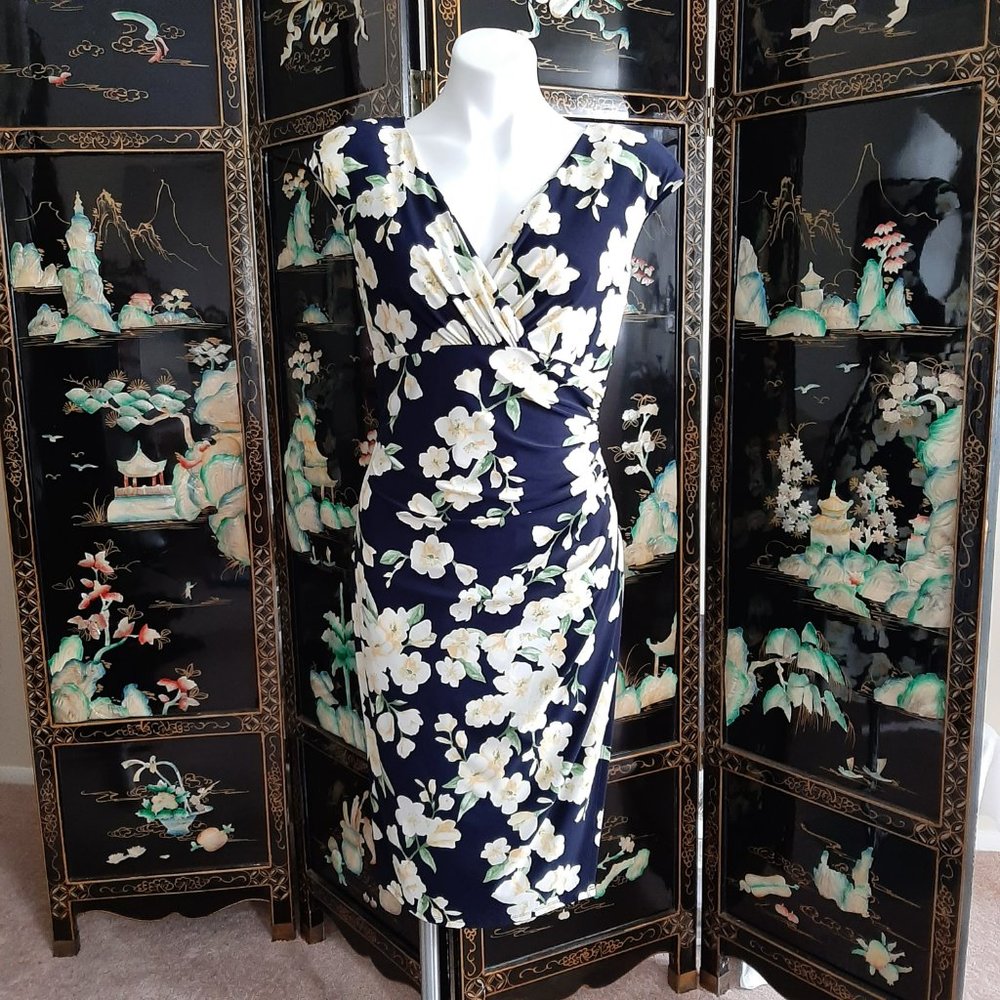 Ralph Lauren Side Shirred Floral Yellow and Navy Dress - Picture 2 of 10
